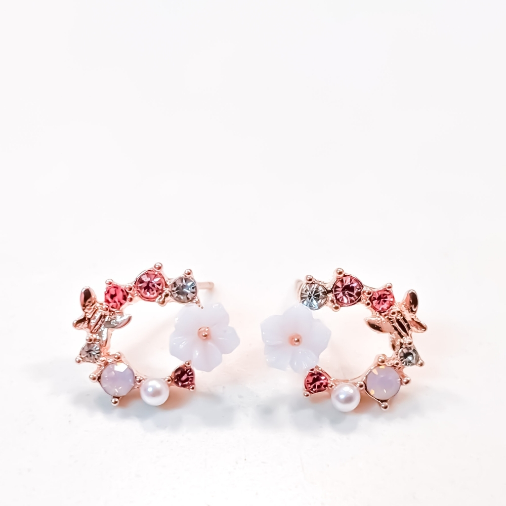 Rose Quartz & Pearl Hibiscus Butterfly Earrings - Picture 4 of 8